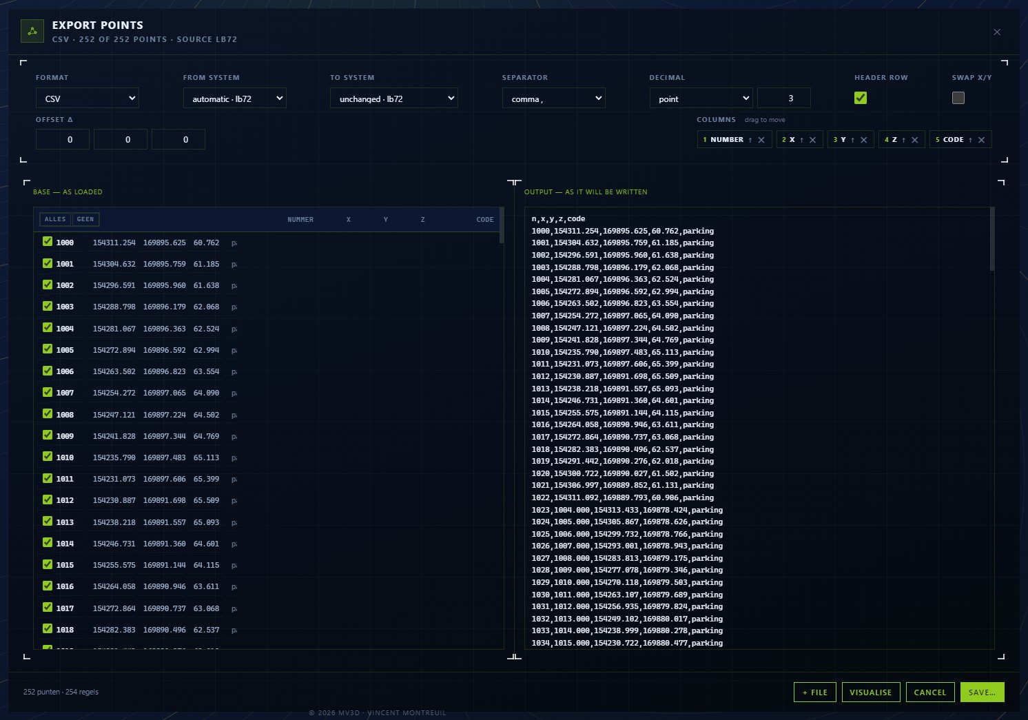 Column order, separator and decimal mark live here — with an example line that shows exactly what goes into the file.
