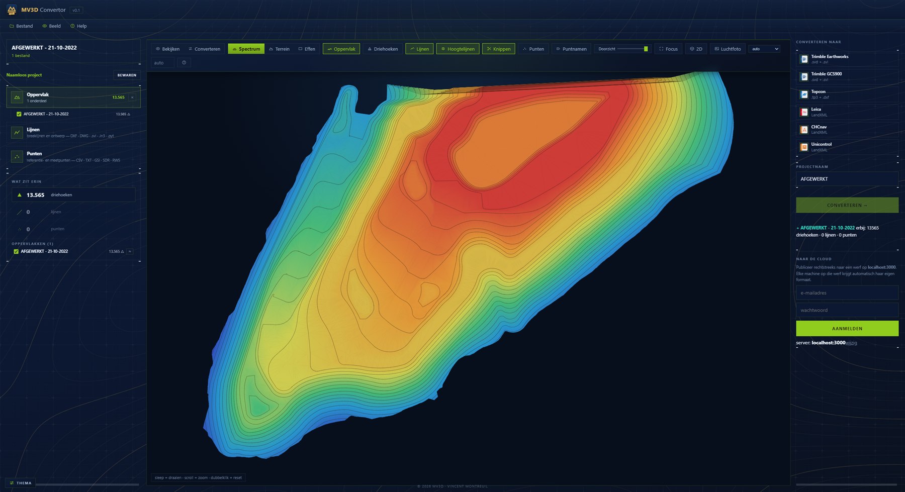 Het werkscherm van de MV3D Convertor met een terreinmodel in hoogtekleuren