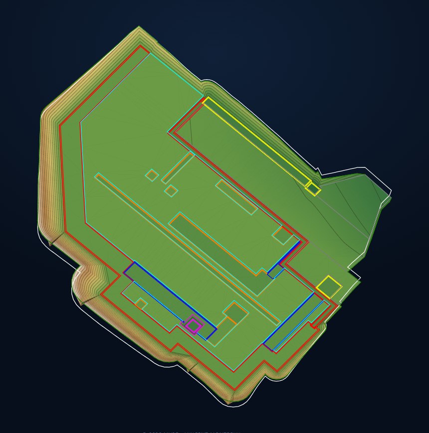 Werkvloer met het lijnwerk erover — het terrein in aardetinten, de ontwerplijnen erbovenop, elk in zijn eigen kleur.